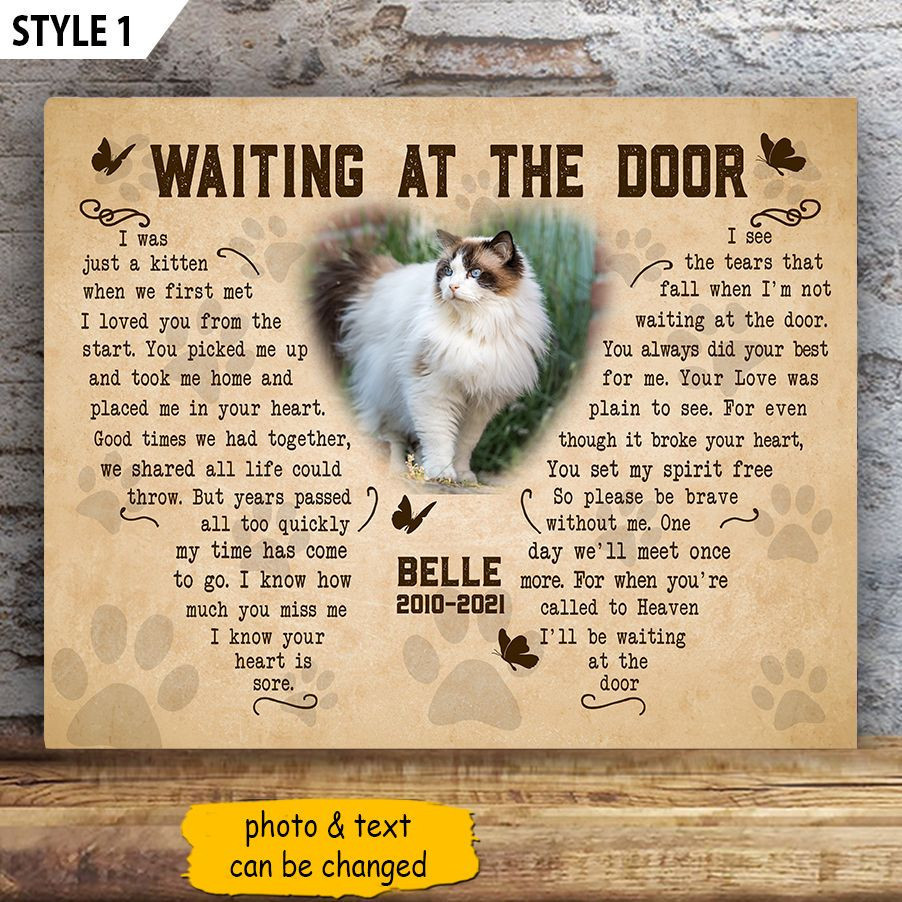 I'll Be Waiting At The Door Cat Poem Printable Horizontal Canvas Poster Framed Print Butterfly Shape Personalized Cat Memorial Gift For Cat Lovers